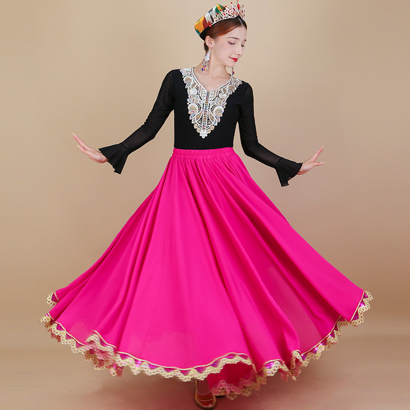 新疆舞蹈演出服720大摆金边半身裙民族舞蹈夏季款舞裙维族舞服装 - 图3