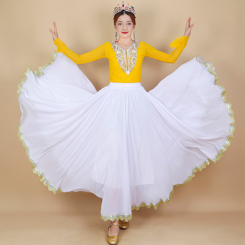 新疆舞蹈演出服720大摆金边半身裙民族舞蹈夏季款舞裙维族舞服装 - 图1