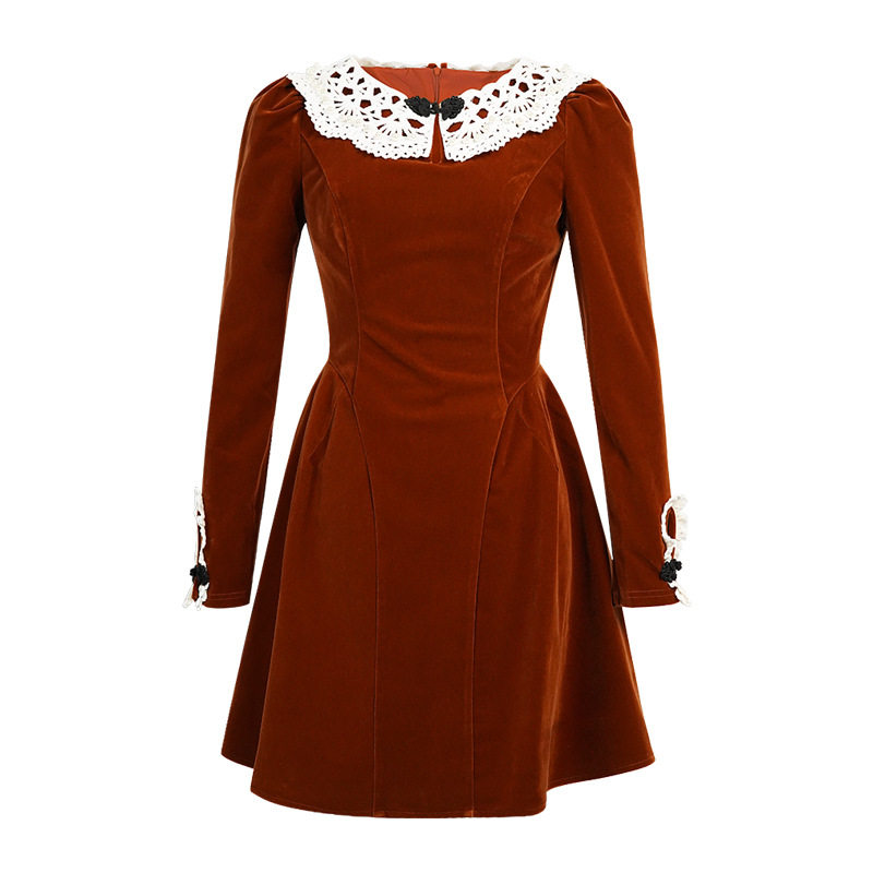 秋冬酒红色丝绒娃娃领连衣裙女蕾丝拼接收腰复古a字裙派对礼服裙,淘宝优惠券,粉丝福利购,淘宝优惠卷