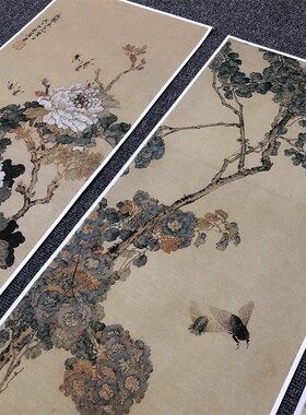 清代居廉草虫花卉湖石四屏图高清微喷仿古画绢布临摹画稿装裱画心