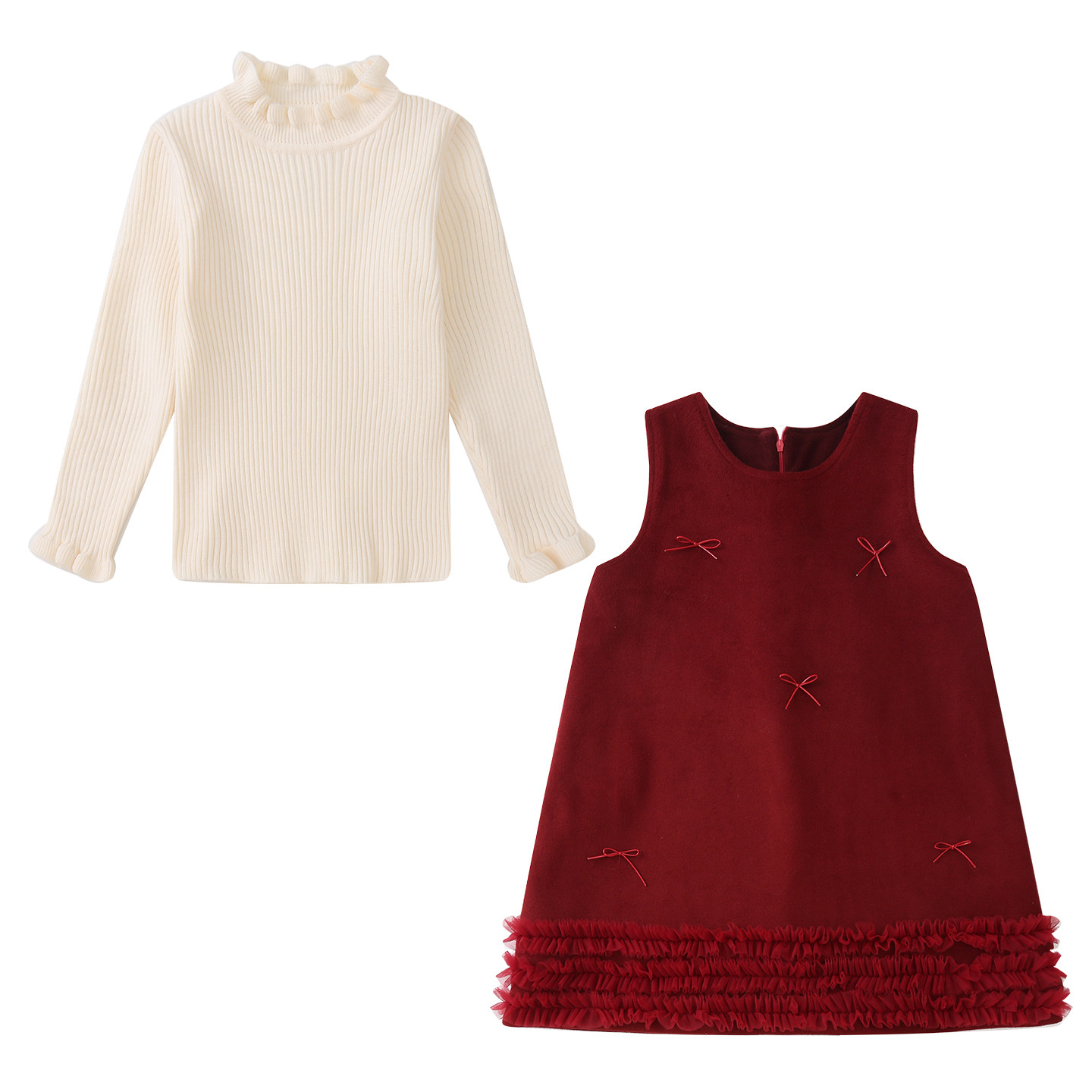 女童连衣裙套装冬装宝宝加绒新年装红色公主裙儿童洋气毛呢背心裙,淘宝优惠券,粉丝福利购,淘宝优惠卷