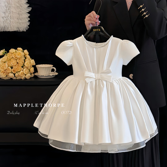 高定缎面公主裙女童夏装高端女宝宝生日连衣裙儿童一周岁礼服裙子