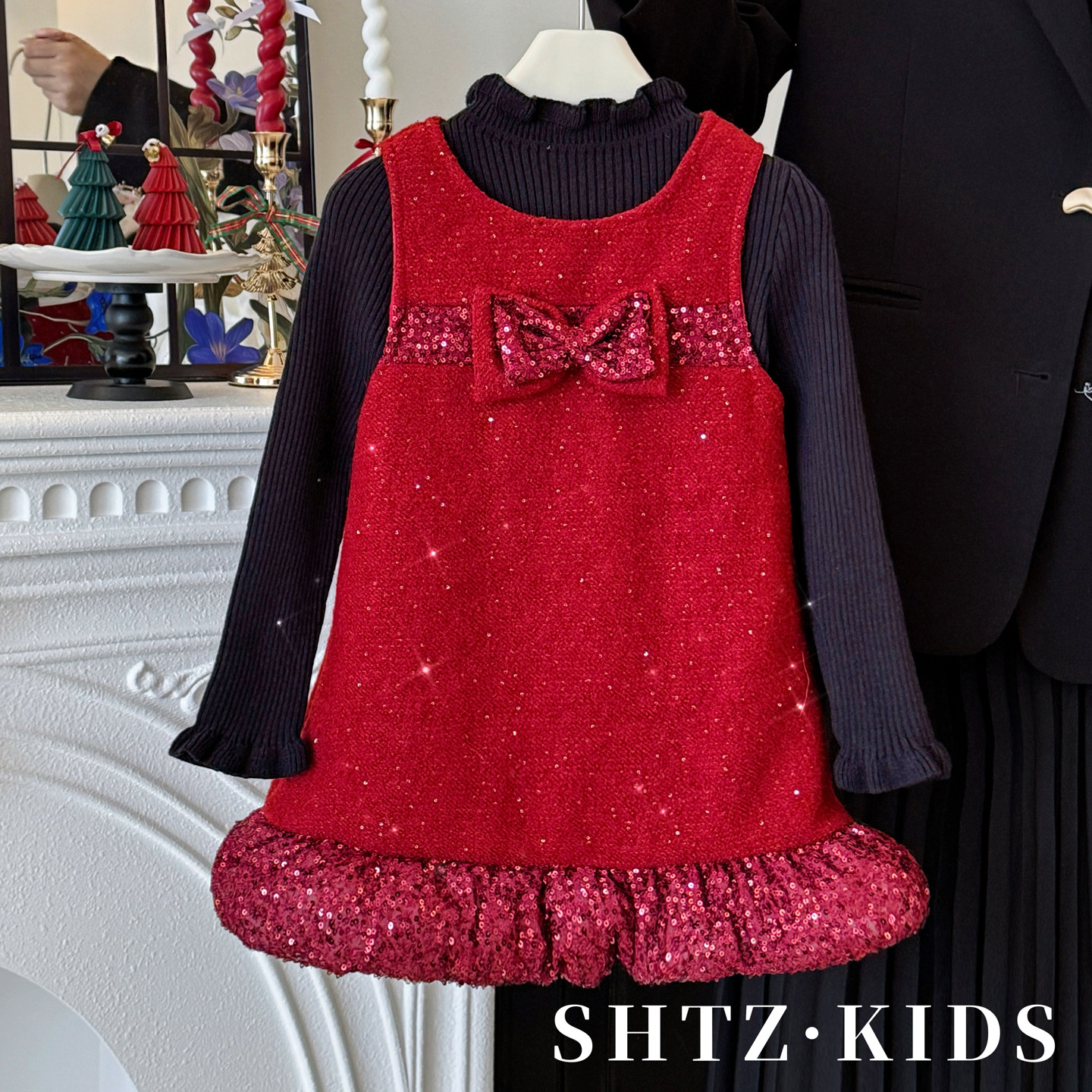 女童小香风套装裙冬装儿童红色新年装连衣裙高级感加绒毛呢背心裙,淘宝优惠券,粉丝福利购,淘宝优惠卷