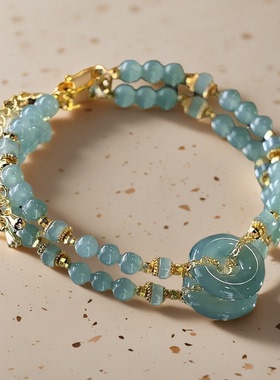 蓝水翡翠平安扣手链女款气质百搭轻奢复古手工编织时尚简约手串