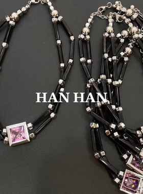 欧美黑色竹节项链女轻奢小众设计高级感颈链方形锆石气质锁骨链潮