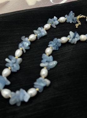 法式复古天然珍珠拼接石海蓝宝碎石项链小众设计感高级轻奢颈链潮