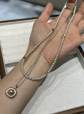 法式复古高级感珍珠拼接方形吊坠项链时尚轻奢小众设计感百搭颈链