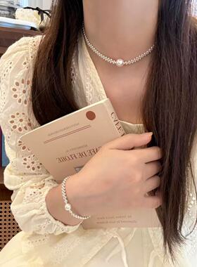 日韩新款简约时髦碎银编织珍珠项链ing轻奢小众高级气质百搭颈链