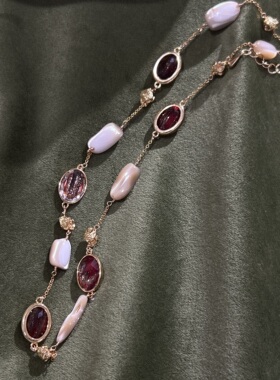 欧美时尚复古不规则天然石贝母项链轻奢高级感复古彩色小众锁骨链