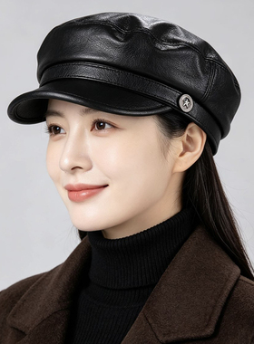 山羊皮平顶帽男女英伦报童帽时尚百搭海军帽机车帽秋冬真皮鸭舌帽
