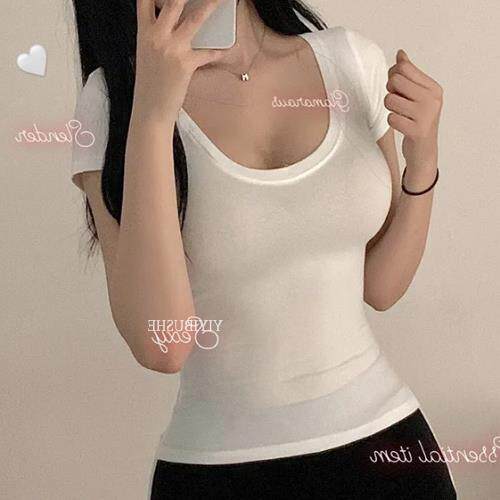 In stock ~ 51STUDIO homemade GW106yi ຕ້ອງຊື້ sexy ເລິກ v-neck ສະດວກສະບາຍ tight-sleeved ເສື້ອທີເຊີດແຂນສັ້ນ