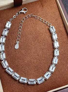 简单爪镶彩宝手链s925银镶嵌天然海蓝宝碧玺石榴石长方3*5满镶