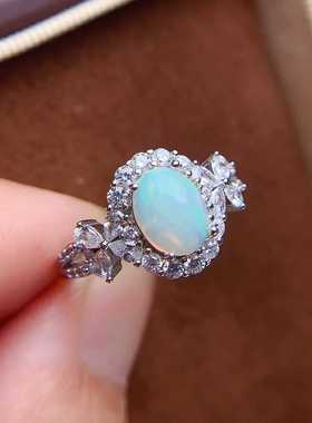 彩宝首饰925银镶嵌天然透辉石欧泊刻面粉晶围钻活口女戒指豪华款