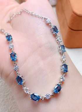 简单爪镶手链925银镶嵌天然伦敦蓝托帕石女可调节手饰精致百搭