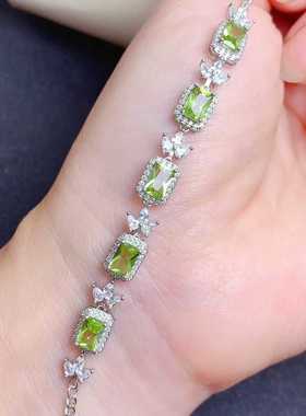 彩宝手链s925银镶嵌天然橄榄石碧玺镁铝石榴石长方4*6围钻款手饰