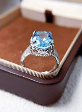 新款戒指s925银镶嵌天然蓝托帕黄水晶大颗椭圆活口戒指芙蓉石粉晶