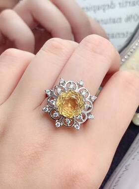 彩宝首饰天然黄水晶戒指925银镶嵌蓝托帕紫水晶玫瑰切10mm活口戒