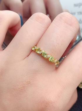 精致排戒925银镶嵌天然橄榄石紫水晶圆形活口女戒指日常百搭