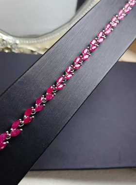 简单满镶款手链s925银镶嵌天然鸽血红红宝石爪镶多粒马眼形女手饰