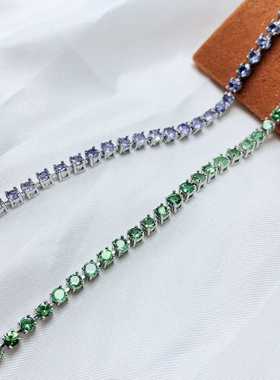 多宝手链925银镶嵌天然坦桑石沙弗莱简单满镶圆形手链精致百搭女