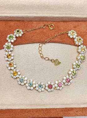 彩宝首饰天然碧玺手链925银镶嵌围钻款圆形糖果色碧玺甜美风女