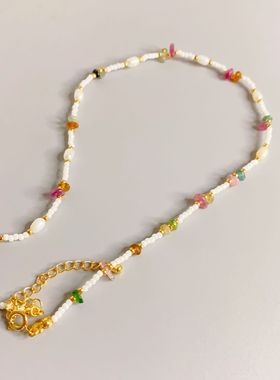 彩虹多彩锁骨链珍珠项链不规则碧玺串珠天然石项链女