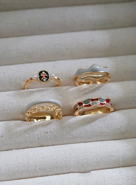 白色珐琅双层叠戴戒指几何图形链条复古网红开口戒指