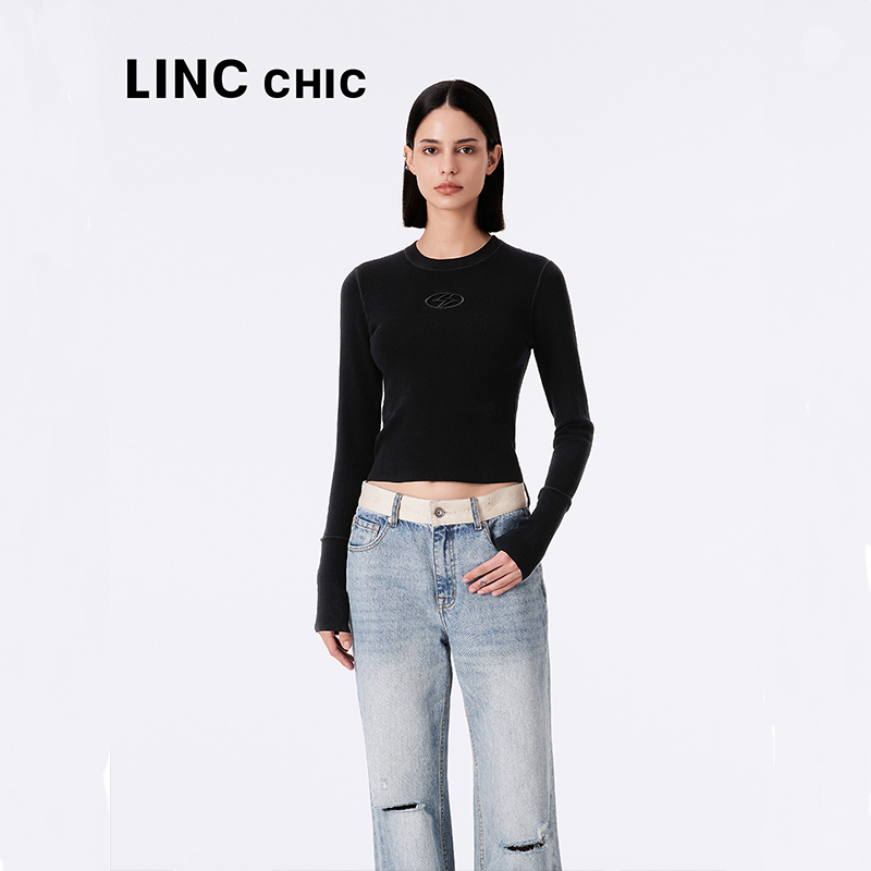 LINCCHIC金羽杰23年秋季紧致机能感小圆领针织衫女S233SW401 - 图1