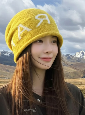 黄色卷边帽子女秋冬季川西新疆