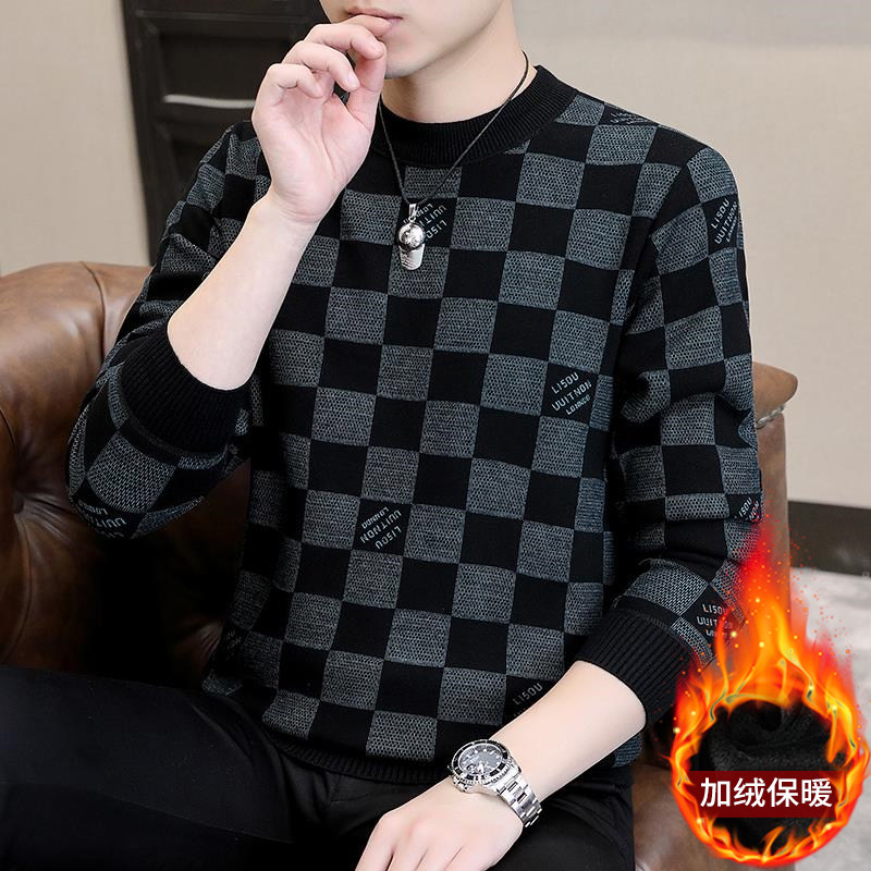 加绒加厚男士圆领卫衣2025秋冬季休闲格子长袖t恤保暖打底衫上衣,淘宝优惠券,粉丝福利购,淘宝优惠卷