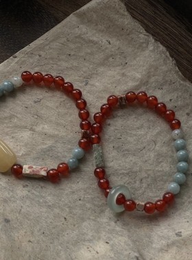 新中式国风简约寿山石手串复古设计红玛瑙拼接岫玉冰感手饰手链