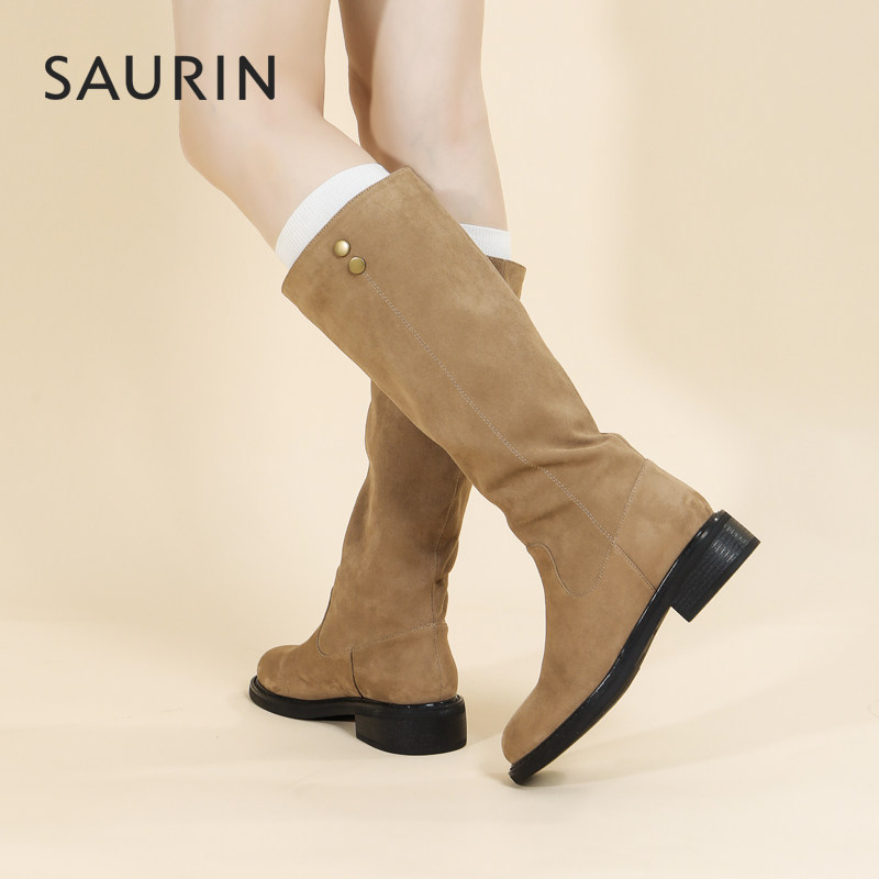 索兰骑士靴女2024冬季新款复古英伦时尚绒面粗跟长筒靴24DT31560,淘宝优惠券,粉丝福利购,淘宝优惠卷