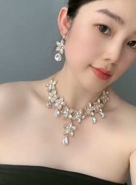 欧美复古夸张高级感项链耳环二件套新娘婚宴奢华水钻首饰品网红女