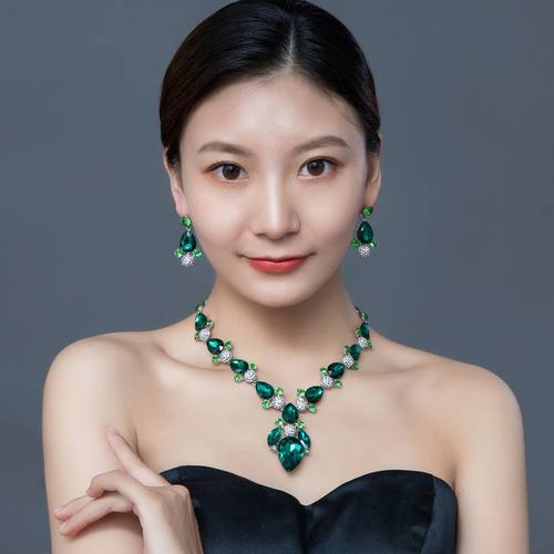 欧美风大牌水晶宝石装饰套装项链耳环甜美气质女晚礼服配饰锁骨链 - 图0