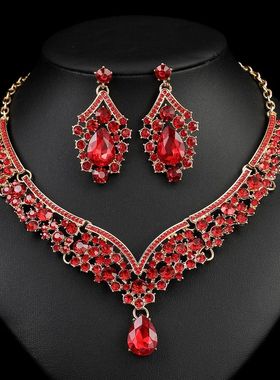 欧美创意新款夸张水晶项链耳环新娘婚礼首饰套装装饰晚安女式个性