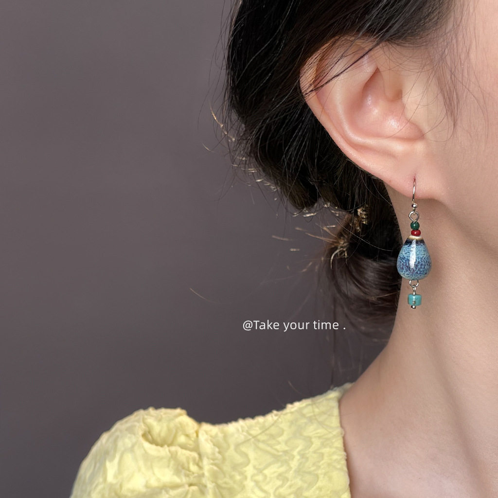 diy手工原创陶瓷水滴葫芦耳环 国潮文艺复古中古风耳饰女,淘宝优惠券,粉丝福利购,淘宝优惠卷