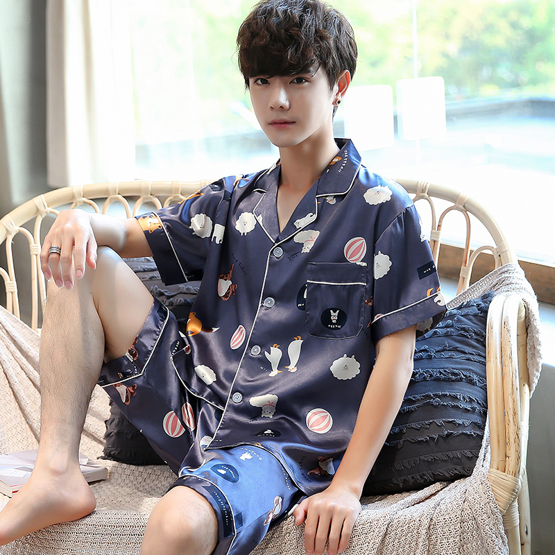 lrx浪如心旗舰店睡衣男夏季丝绸薄款开衫男士短袖家居服冰丝夏天短裤大码春秋套装0