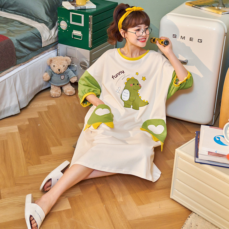 lrx浪如心旗舰店纯棉睡裙女夏季短袖薄款韩版春秋全棉孕妇胖mm大码宽松睡衣夏天3
