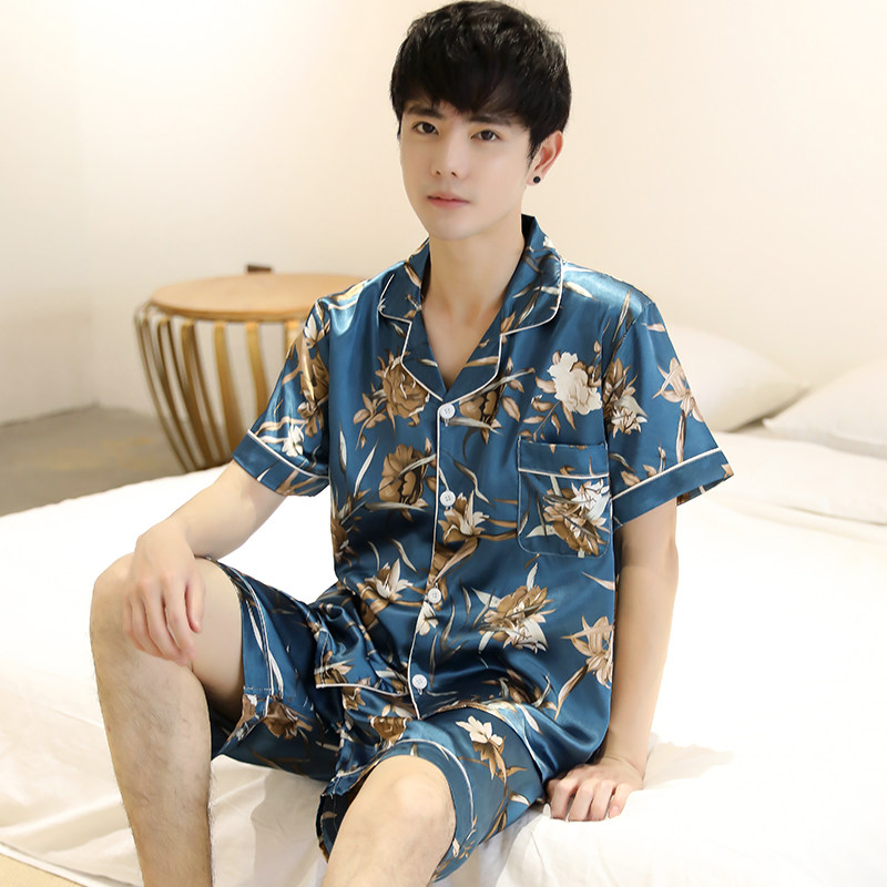 男夏季冰丝短袖短裤花朵印花睡衣 lrx浪如心睡衣/家居服套装