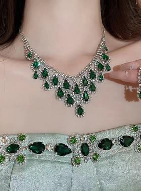 欧美绿色水滴流苏项链耳钉