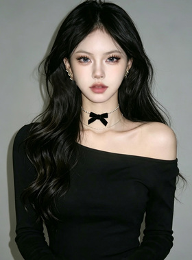 双层叠带黑色蝴蝶结项链女