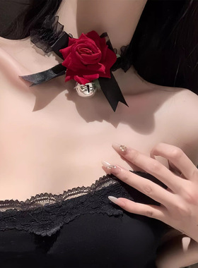 红玫瑰蕾丝蝴蝶结铃铛项圈女