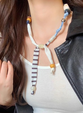 布艺豹纹爱心吊坠项链