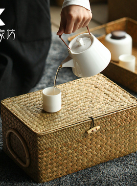 伍家坊 草编收纳筐带盖田园风托盘篮纸巾盒竹编织整理箱日式家居