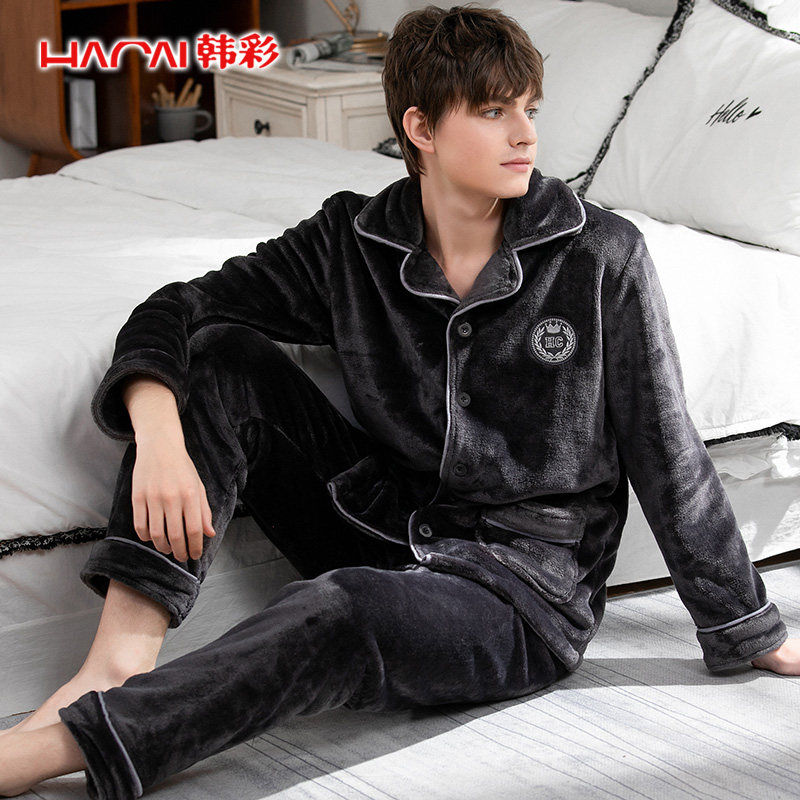 韩彩男士冬季法兰绒男款加绒睡衣 韩彩睡衣/家居服套装