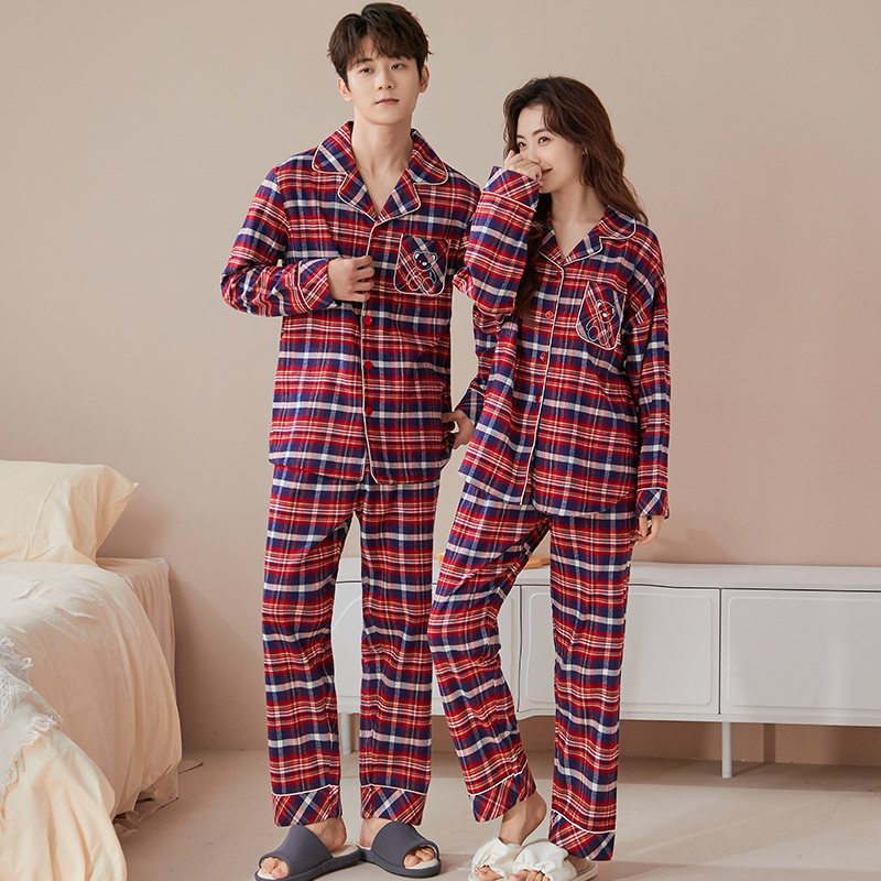 韩彩情侣睡衣春秋款纯棉红色新婚结婚男女士格子家居服套装本命年