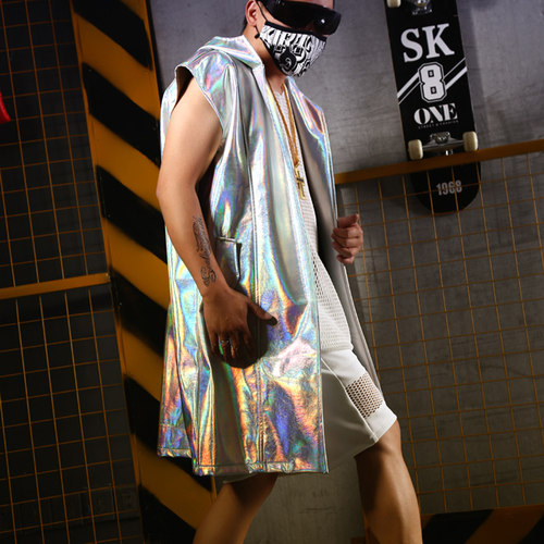 炫彩PU视觉连帽无袖斗篷 夜店酒吧歌手DJMC舞台服GOGO演出服 - 图1