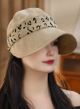 复古麂皮绒宽檐鸭舌渔夫帽秋冬百搭时尚保暖马术帽女款可挂口罩