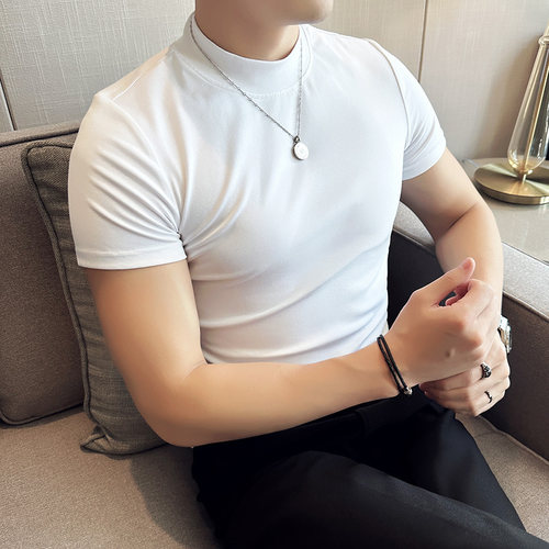 男士纯棉短袖T恤内搭潮流紧身半高领贴身打底衫紧身弹力中领半袖 - 图1