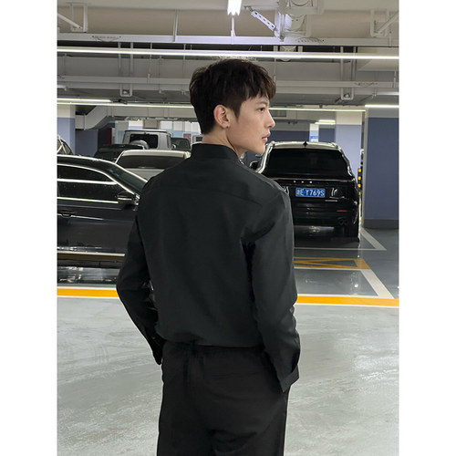 新中式立领衬衫男高级感痞帅长袖暗扣中山装衬衣中袖白色华夫格潮 - 图1